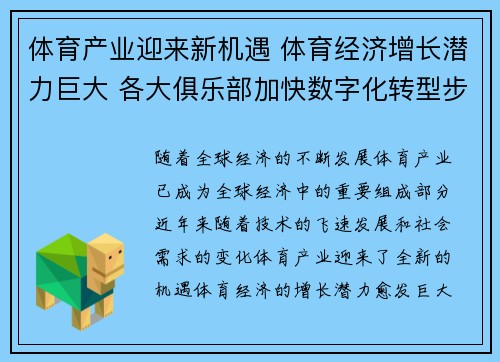 体育产业迎来新机遇 体育经济增长潜力巨大 各大俱乐部加快数字化转型步伐