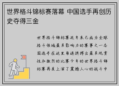 世界格斗锦标赛落幕 中国选手再创历史夺得三金